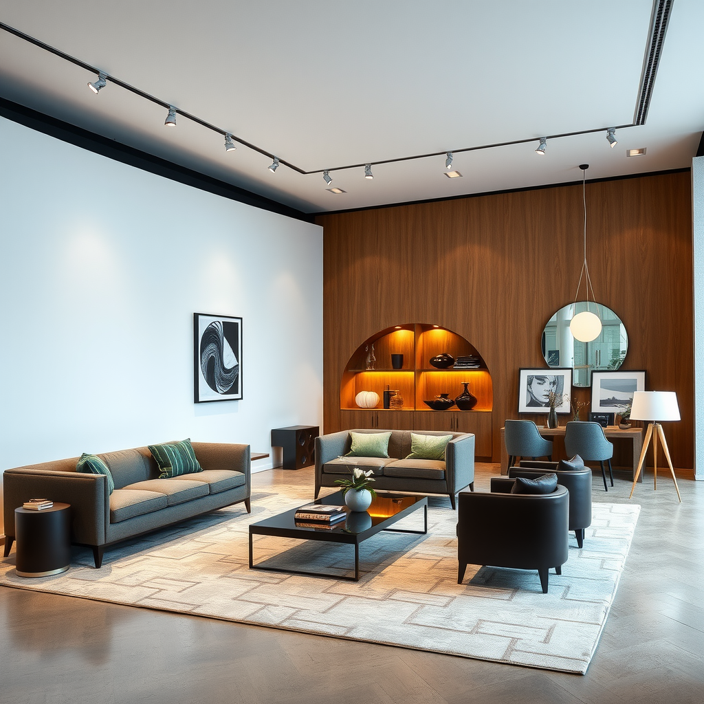 Komorebi Interiorsのエレガントなショールーム、洗練された照明と高級デザイナー家具が並ぶミニマリストな空間