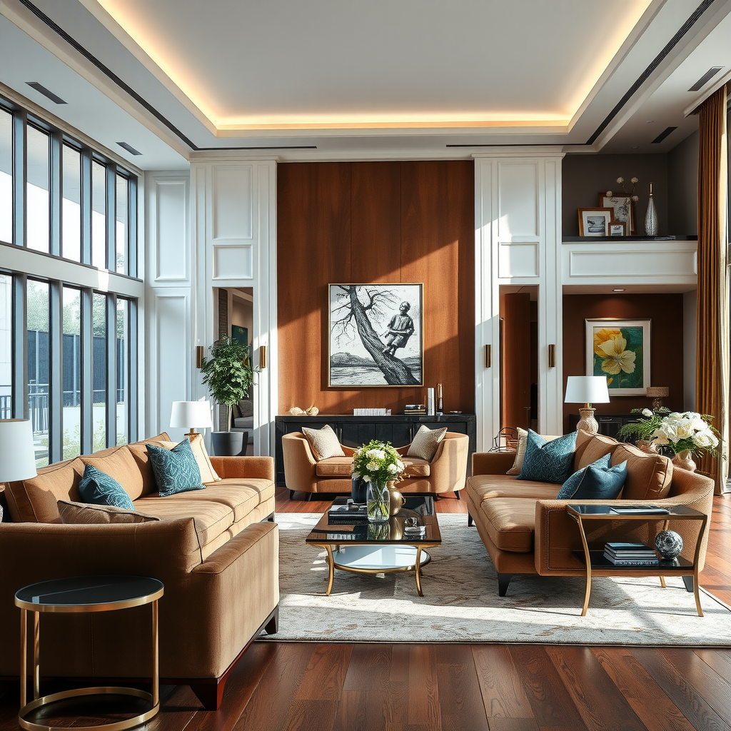 高級リビングルームに配置された豪華なステートメント家具。高い天井と自然光が差し込む洗練された空間