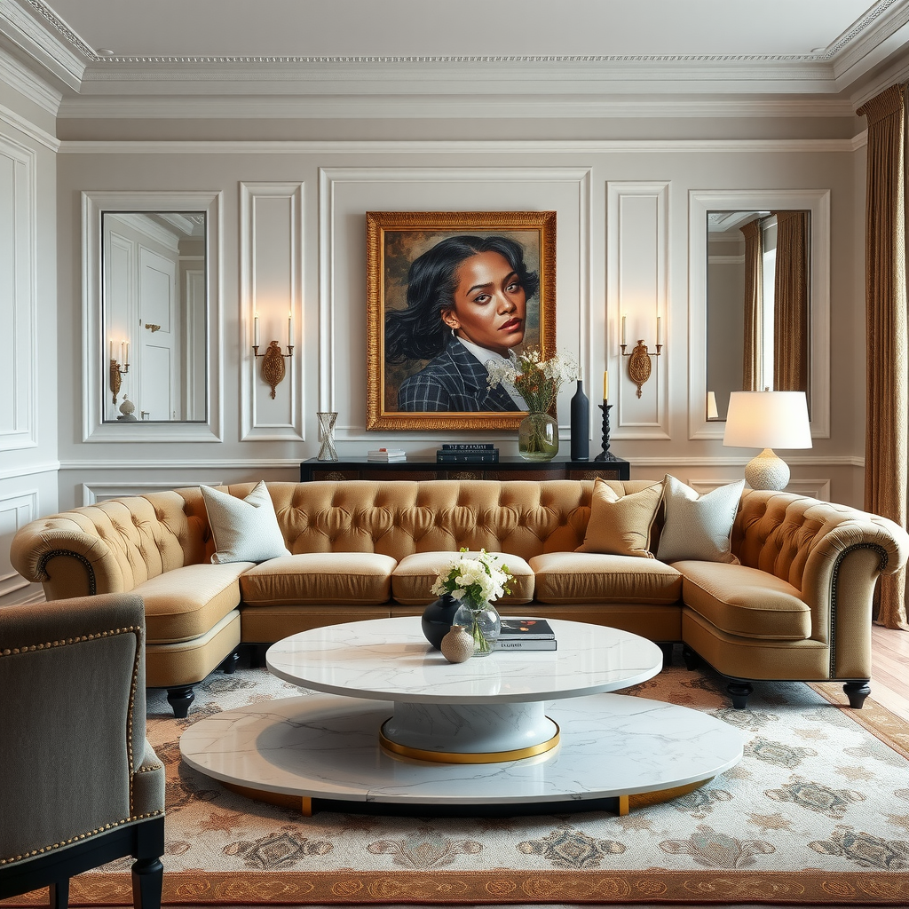 クラシックとモダンが完璧に調和した高級家具を配した優雅なリビングルーム。タイムレスなベルベットソファ、コンテンポラリーな大理石のコーヒーテーブル、洗練されたニュートラルカラーパレット