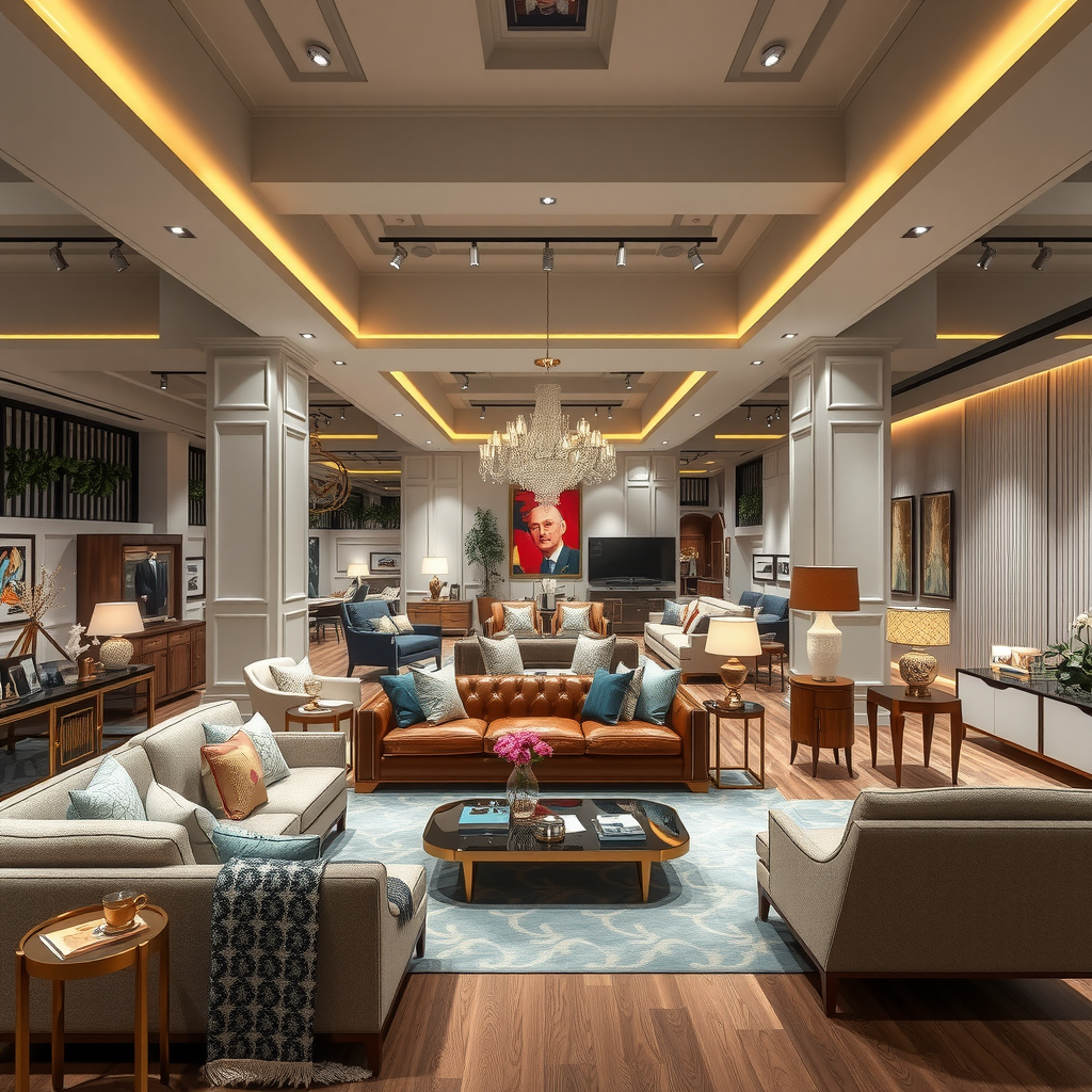 エレガントな照明と洗練された配置で様々なプレミアム家具を展示する高級家具ショールーム