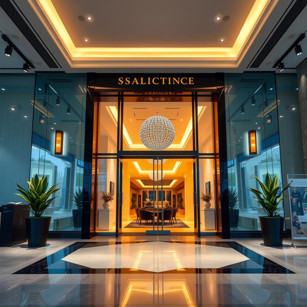 洗練された照明、モダンな建築、歓迎的な雰囲気を持つエレガントなショールームエントランス