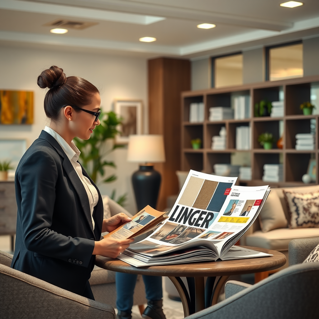 プロのデザイナーによる高級インテリアデザインコンサルテーション、ファブリックサンプル、カラーパレット、プレミアム家具カタログを使用したエレガントなショールーム