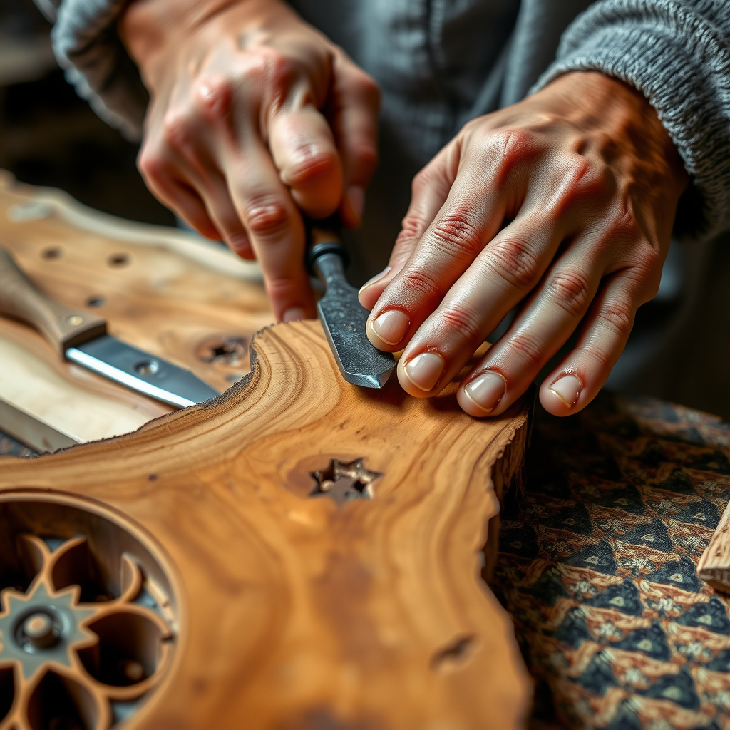 プレミアム木材の木目に伝統的な手工具を使用する職人の手のクローズアップ。細部への配慮と熟練の技術が見える