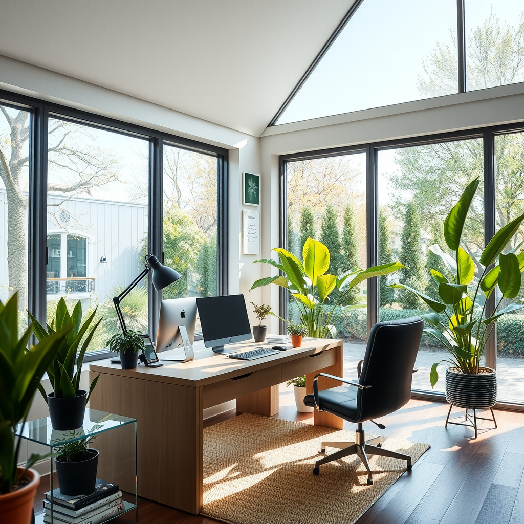 大きな窓から豊かな自然光が差し込むホームオフィス。窓際に配置されたエグゼクティブデスクで作業する様子。観葉植物と洗練されたデスクアクセサリーが配置され、明るく開放的な雰囲気