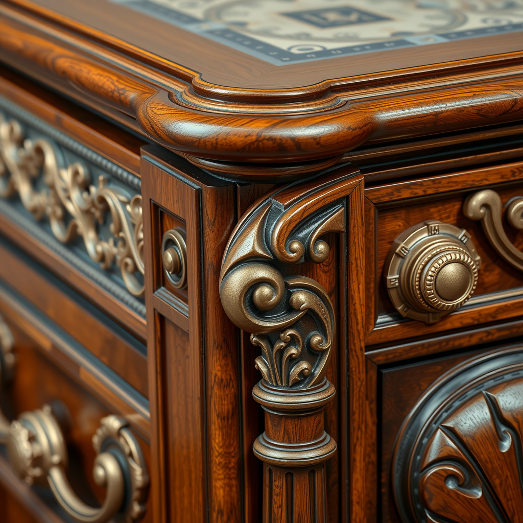 高級家具の精巧な職人技のクローズアップ。詳細な接合部、手彫りの装飾、無垢材と真鍮金具などのプレミアム素材を示す
