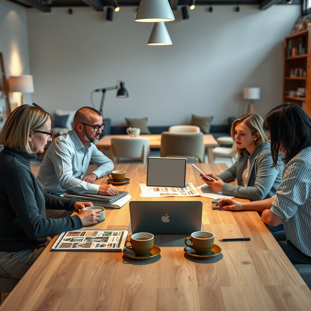 デザイナーとクライアントが大きなテーブルを囲んで座り、生地サンプル、木材見本、デザインスケッチを検討している様子。ノートパソコンとタブレットで3Dレンダリングを確認し、コーヒーカップが置かれた温かみのある雰囲気の空間