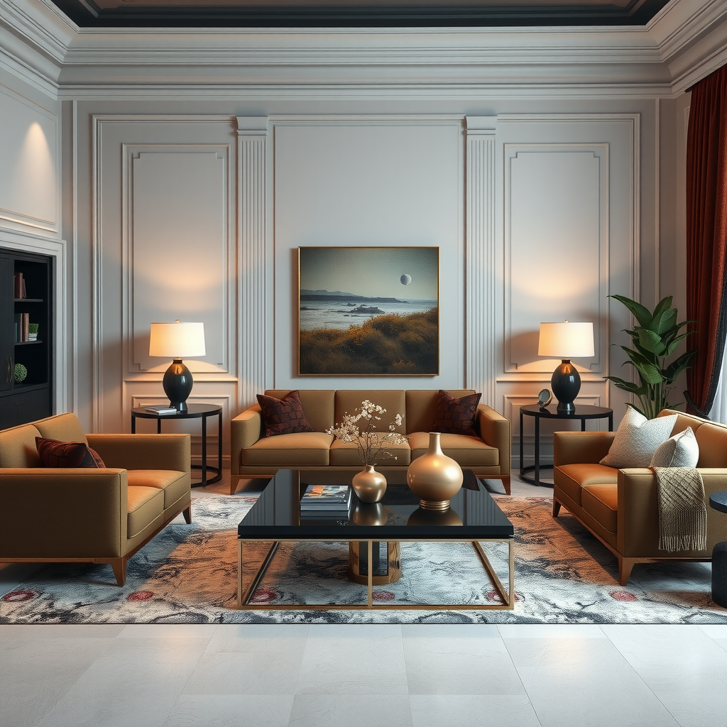 エレガントなリビングルームに配置された豪華なステートメント家具。洗練された装飾と調和し、空間の焦点となる大胆で高級感のある家具ピース。完璧なスケールとプロポーションで、個人のスタイルを反映した洗練された雰囲気を演出