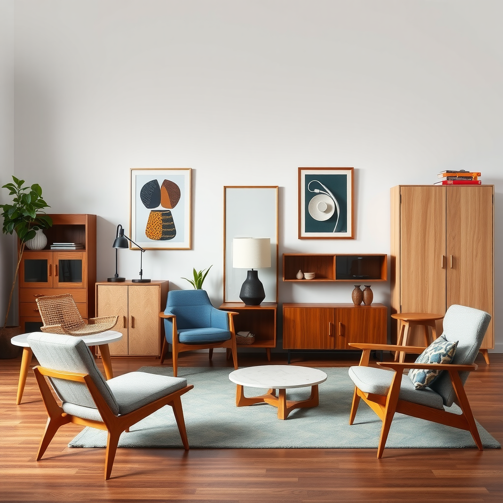 象徴的なデザインムーブメントを紹介するキュレーションコレクション：ミッドセンチュリーモダンチェア、アールデコサイドテーブル、スカンジナビアンミニマリストキャビネットが調和的に配置されている