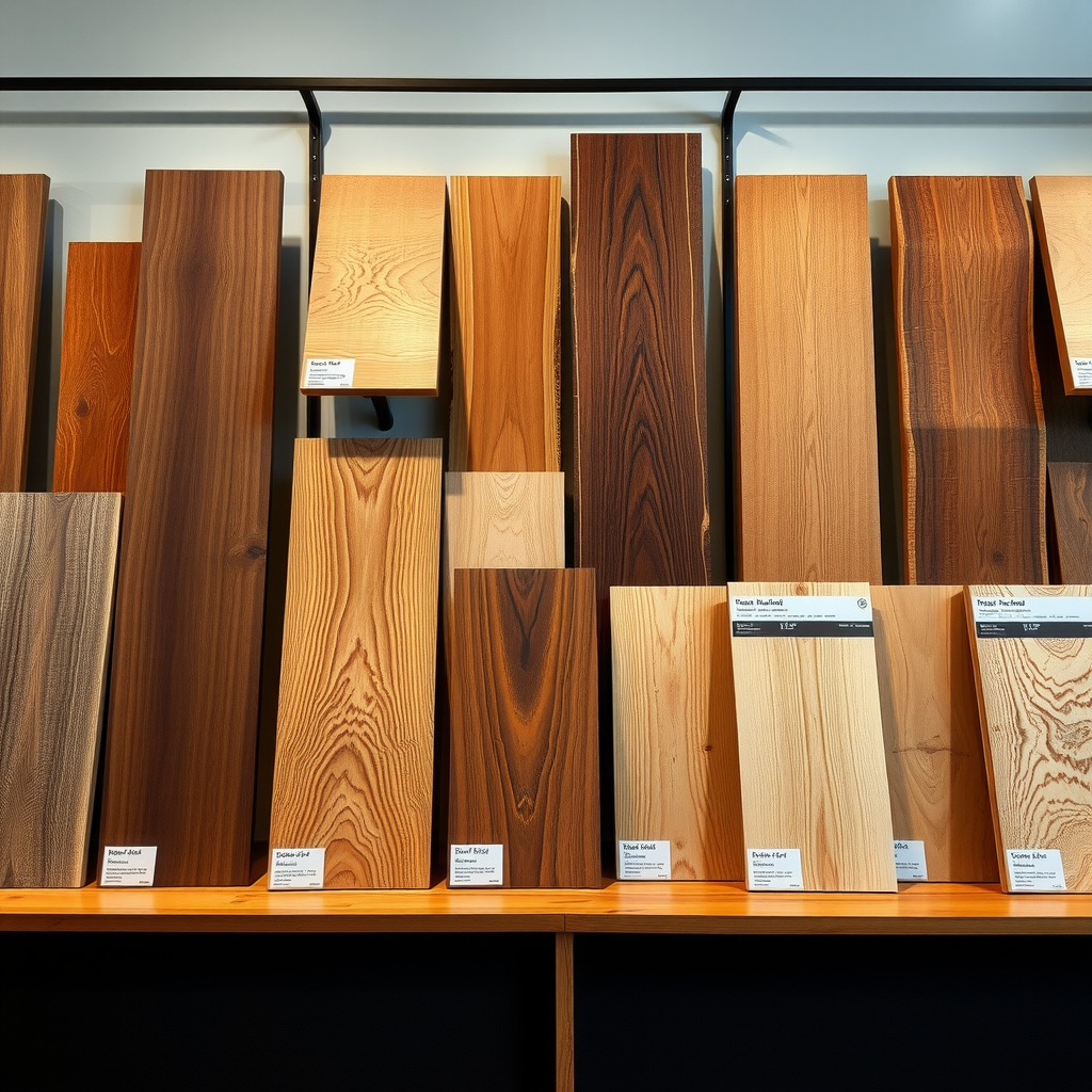 様々な高級木材サンプルが美しく配置された展示。ウォールナット、オーク、チェリー、メープルの板材が、それぞれの独特な木目と色調を見せている。各サンプルには詳細なラベルが付けられ、自然光の下で質感が際立つ