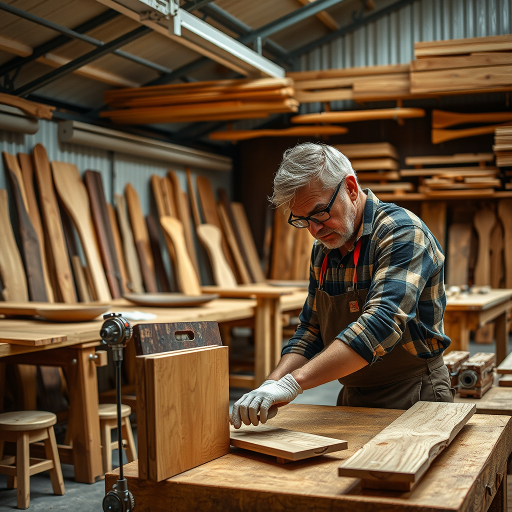 職人が高級木材を使用して手作り家具を制作している様子。伝統的な木工技術と細心の職人技が光る、プレミアム素材を用いた家具製作の現場。大量生産品にはない優れた品質、耐久性、独自の個性を持つアルチザン家具