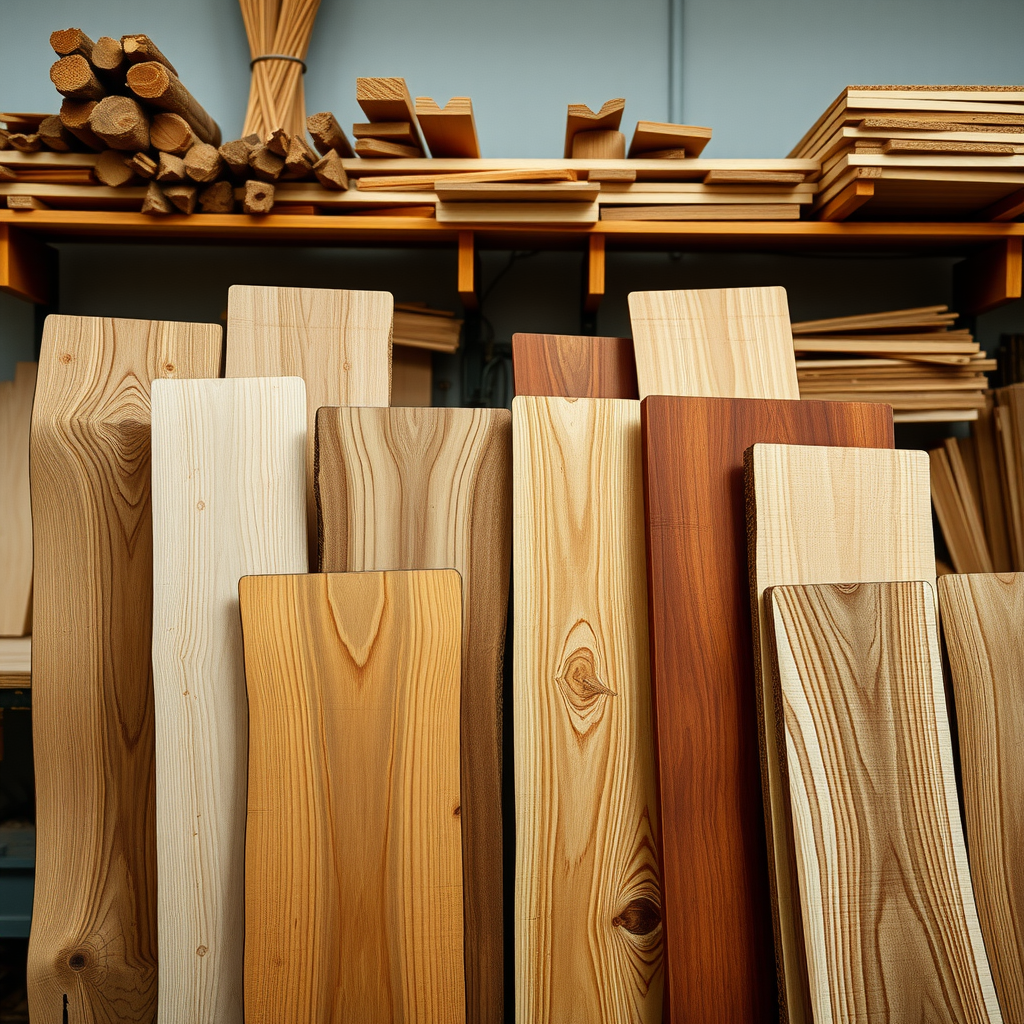工房に並ぶプレミアム木材サンプルのコレクション。異なる木目と自然な色合いを示す様々な木材種