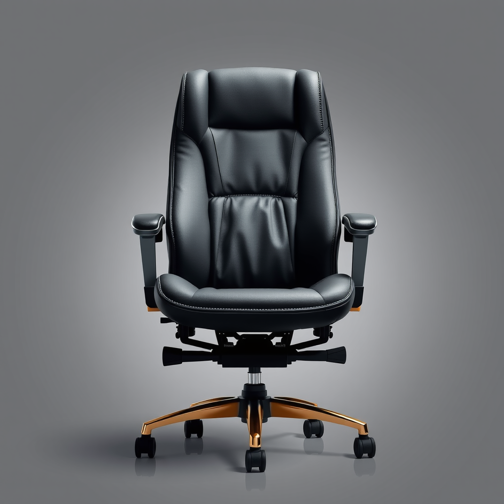 人間工学に基づいた高級オフィスチェア。上質なレザー張り、調整可能なアームレスト、腰椎サポート機能を備えた洗練されたデザイン。ゴールドのアクセントが施された脚部とキャスター