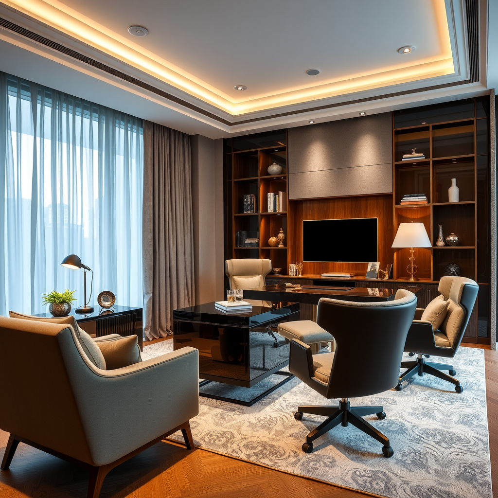 エグゼクティブデスクとエレガントな人間工学的家具を備えた高級ホームオフィス。機能性と洗練された美学を組み合わせたデザイン。完璧なデスク選びと快適でありながらエレガントな座席で、仕事環境を向上させる豪華な家具配置