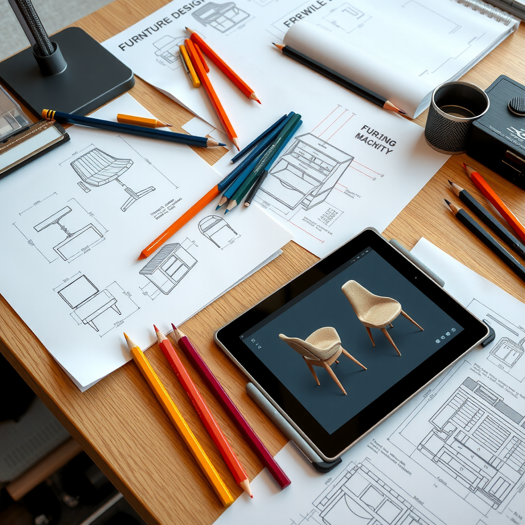 デザインスタジオのデスクに広げられた家具デザインスケッチ、技術図面、3Dレンダリング。鉛筆、定規、色鉛筆が散りばめられ、タブレットには詳細な3Dモデルが表示されている。創造的なデザインプロセスを示す作業空間