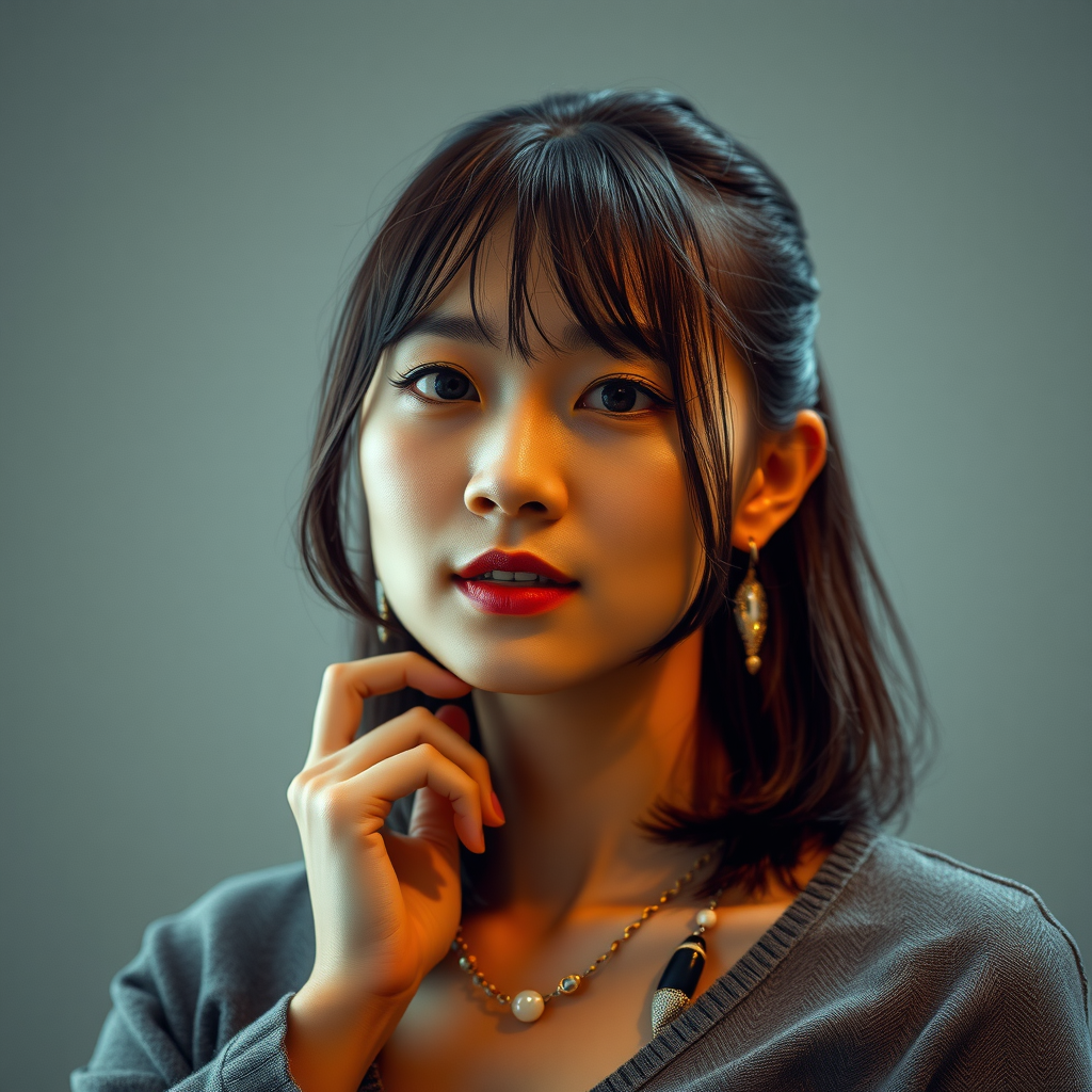 アーティスティックな雰囲気を持つスタイリッシュな日本人女性の専門的なポートレート、創造的な表情