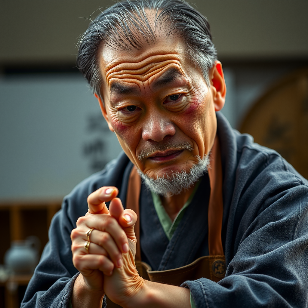 熟練した技術を持つ経験豊富な日本人職人の専門的なポートレート、賢明な表情と熟練した手