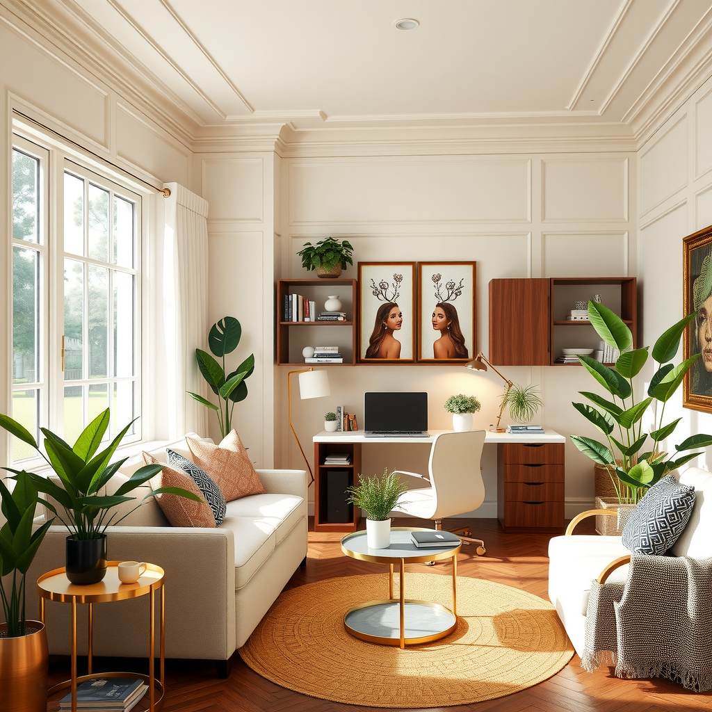 調和のとれたカラーパレットのホームオフィス。クリームとベージュの壁、ウォールナット材の家具、ゴールドのアクセント、グリーンの観葉植物が美しく調和した空間。自然光が差し込む明るく洗練された雰囲気