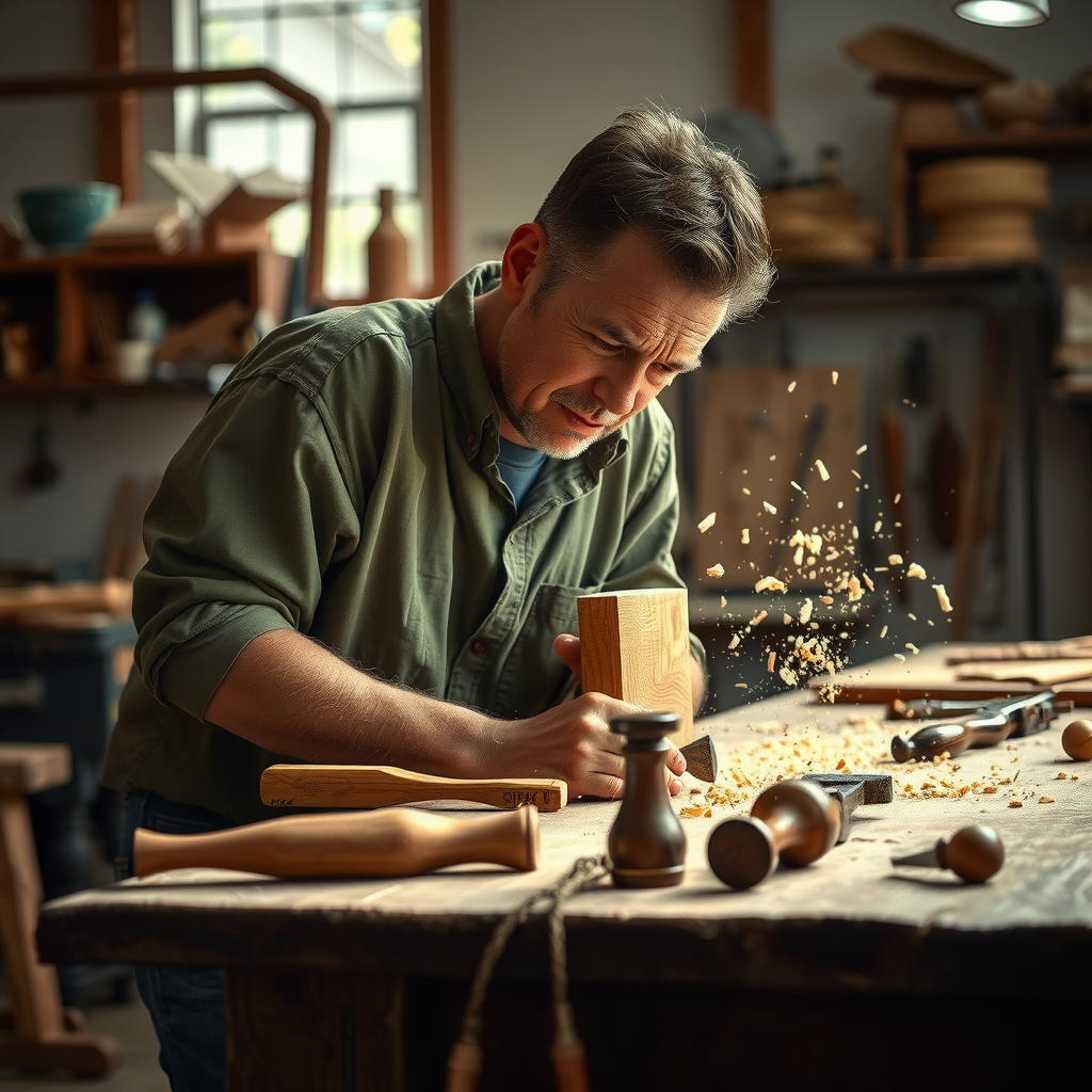 熟練の家具職人が伝統的な工具を使って高級木材を精密に加工している様子。作業台には様々な手工具が整然と配置され、木屑が舞う中、職人の集中した表情と熟練した手さばきが捉えられている。自然光が差し込む工房の雰囲気