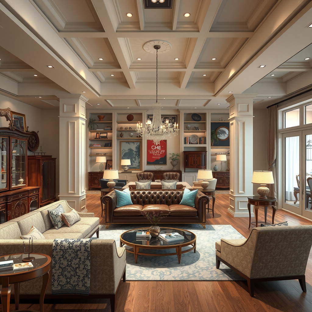 豪華な設定で様々なプレミアム作品を展示するエレガントな手作り家具ショールーム。洗練されたインテリアデザイン