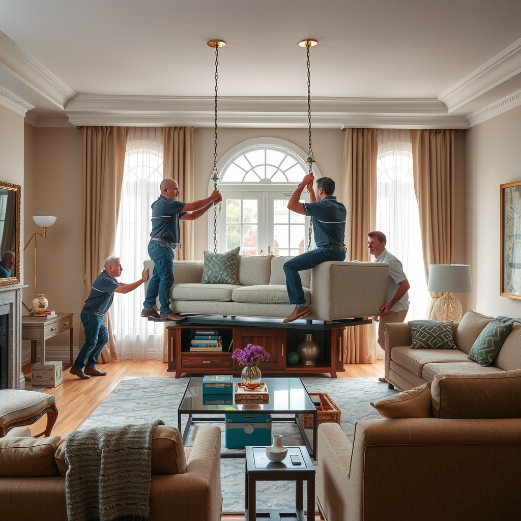 プロフェッショナルな設置チームが、美しいリビングルームに高級カスタム家具を慎重に配置している様子。技術者たちが協力して大きなソファを運び、レベルを確認し、完璧な位置に設置している。保護材とツールが整然と配置されている