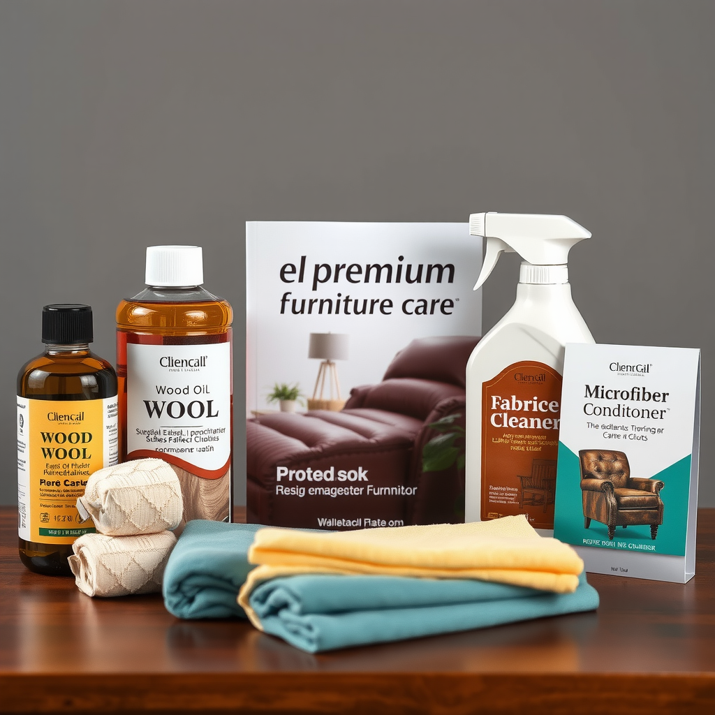 高級家具ケア製品のコレクション。木材用オイル、レザーコンディショナー、ファブリッククリーナー、マイクロファイバークロスが美しく配置されている。各製品は高品質なパッケージに入り、ケアガイドブックと共に展示されている